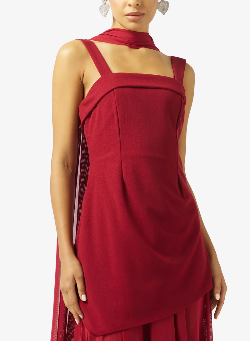 Ginger  Square Neck Drop Waist Dress with Scarf for Women | Best Price UAE